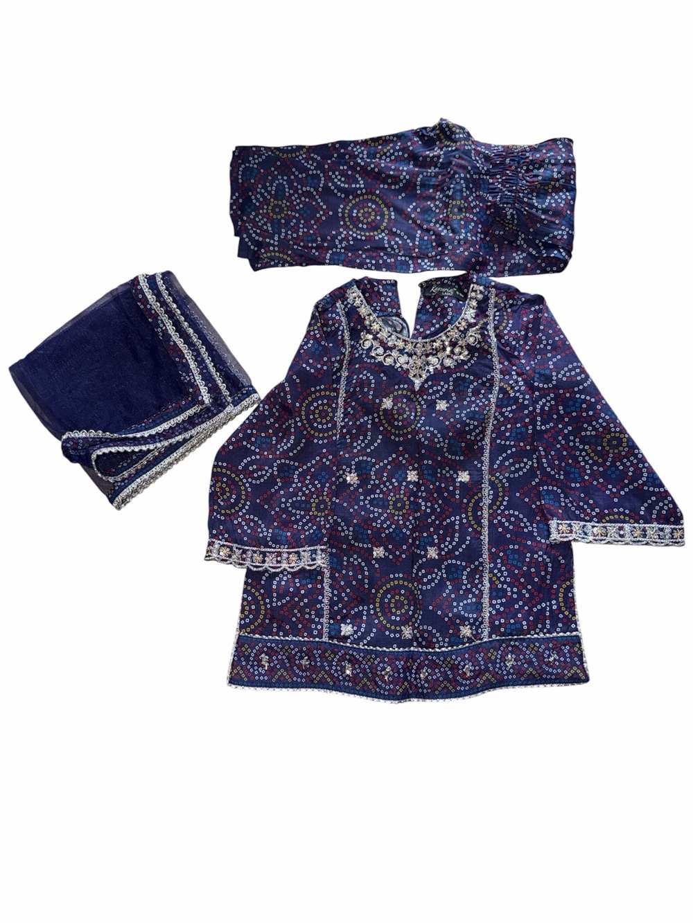 Kids Navy Blue Patterned Pajama Set with Embellished Trim
